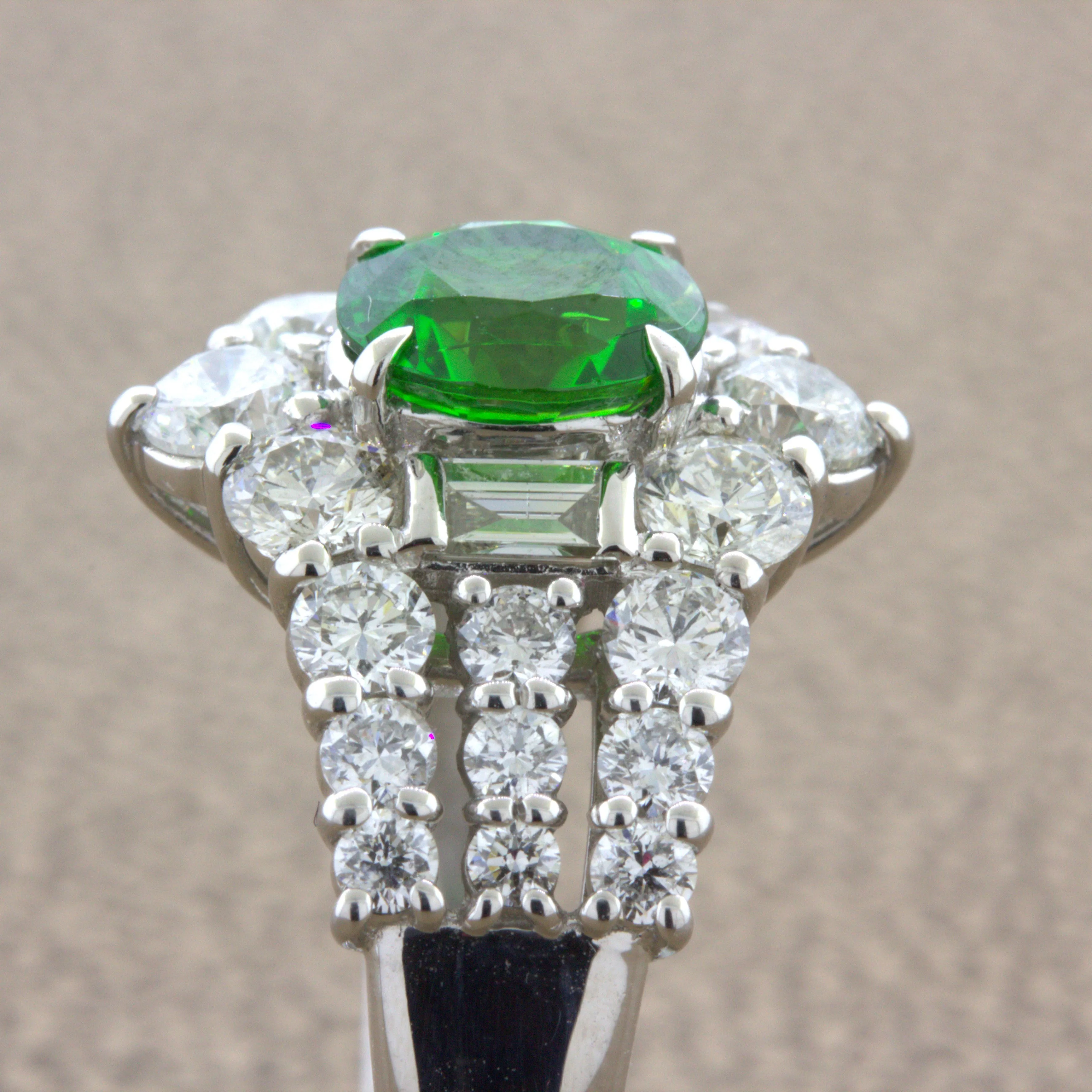 1.22 Carat Russian Demantoid Garnet Diamond Platinum Ring, AGL Certified