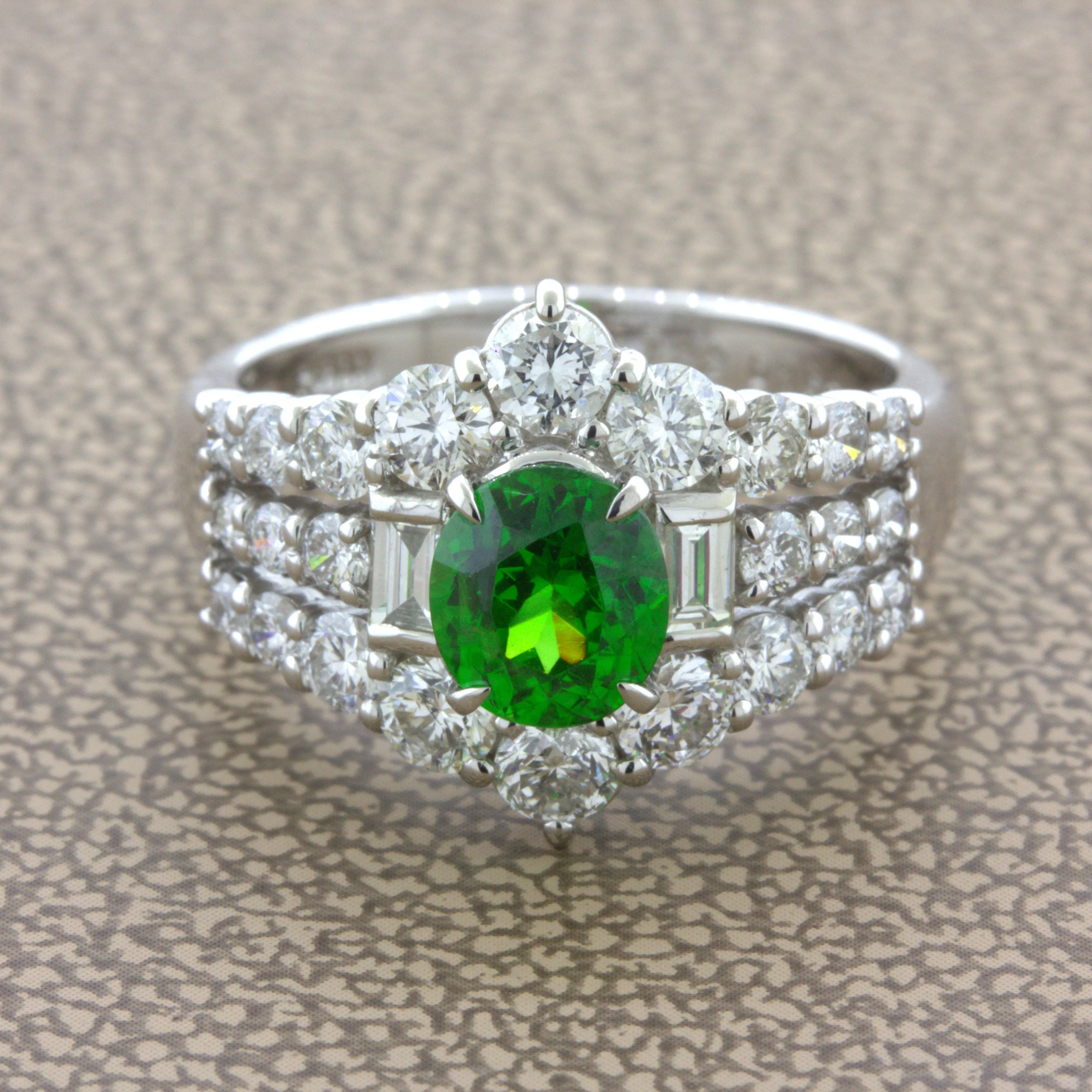 1.22 Carat Russian Demantoid Garnet Diamond Platinum Ring, AGL Certified