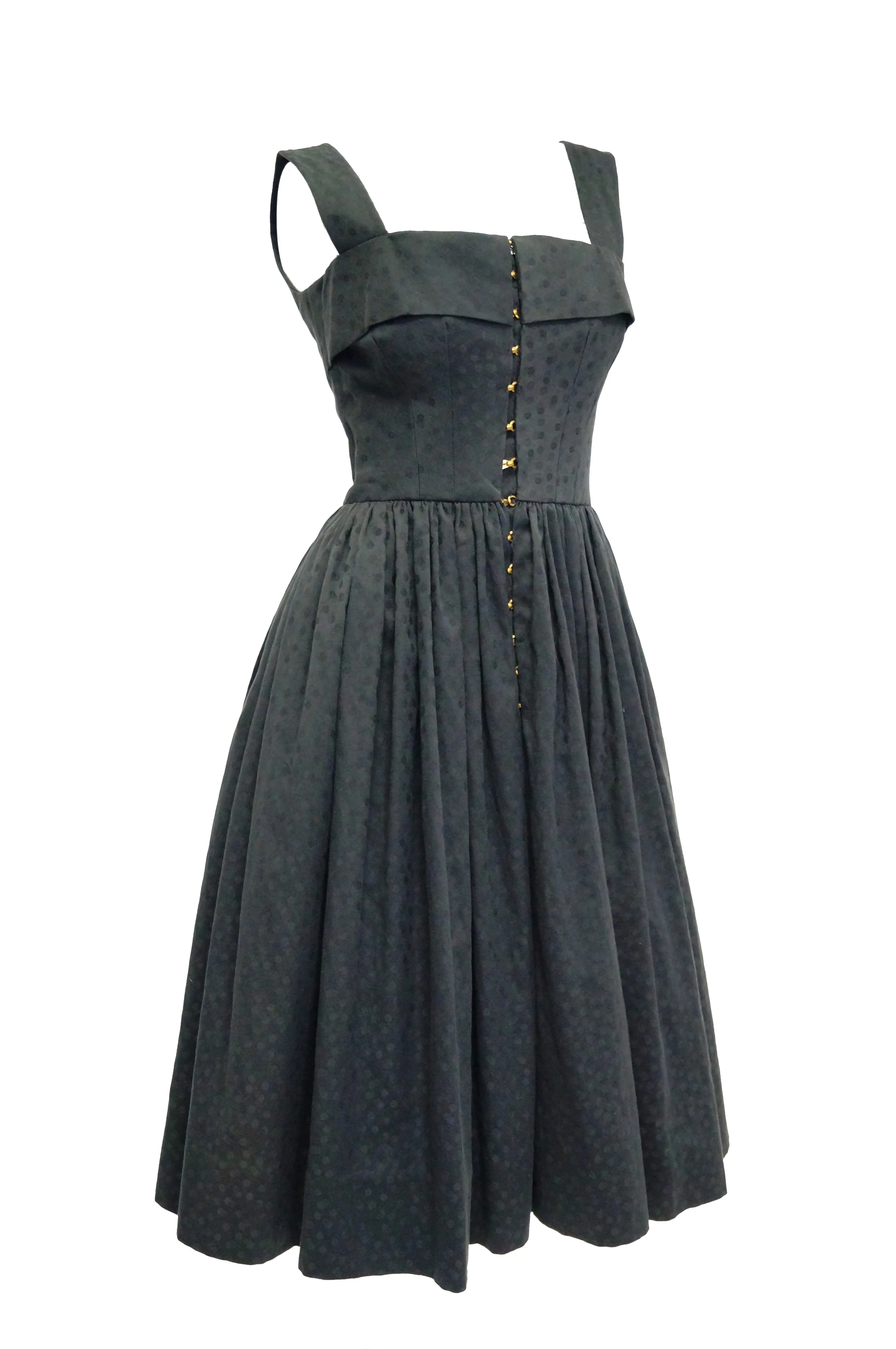 1940s Claire McCardell Black Cotton Dotted Dress with Metal Closures - Rare