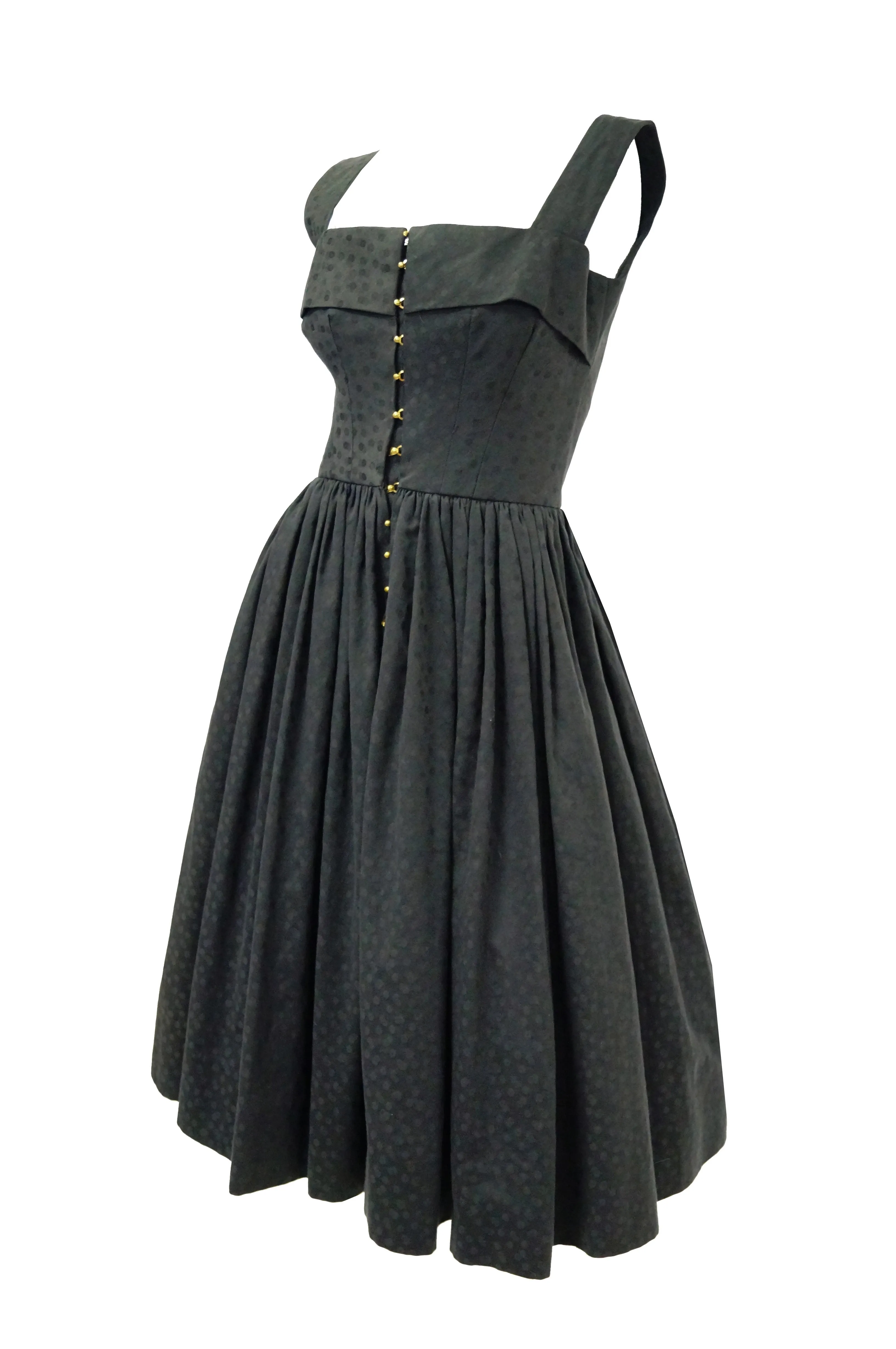 1940s Claire McCardell Black Cotton Dotted Dress with Metal Closures - Rare