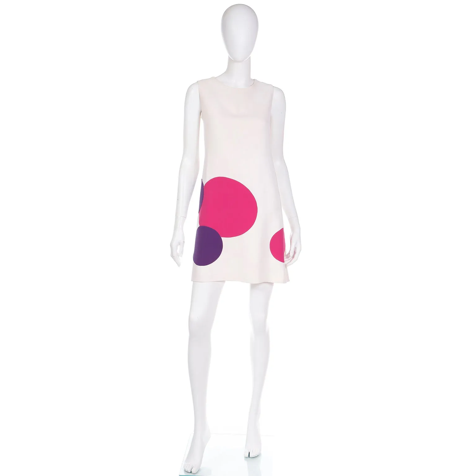 1970s Mila Schon Ivory Silk Shift Dress w Pink & Purple Circles