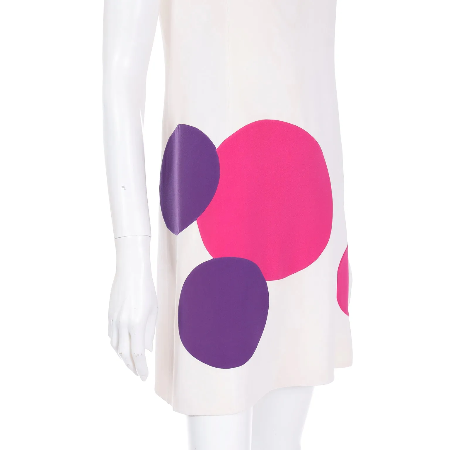 1970s Mila Schon Ivory Silk Shift Dress w Pink & Purple Circles