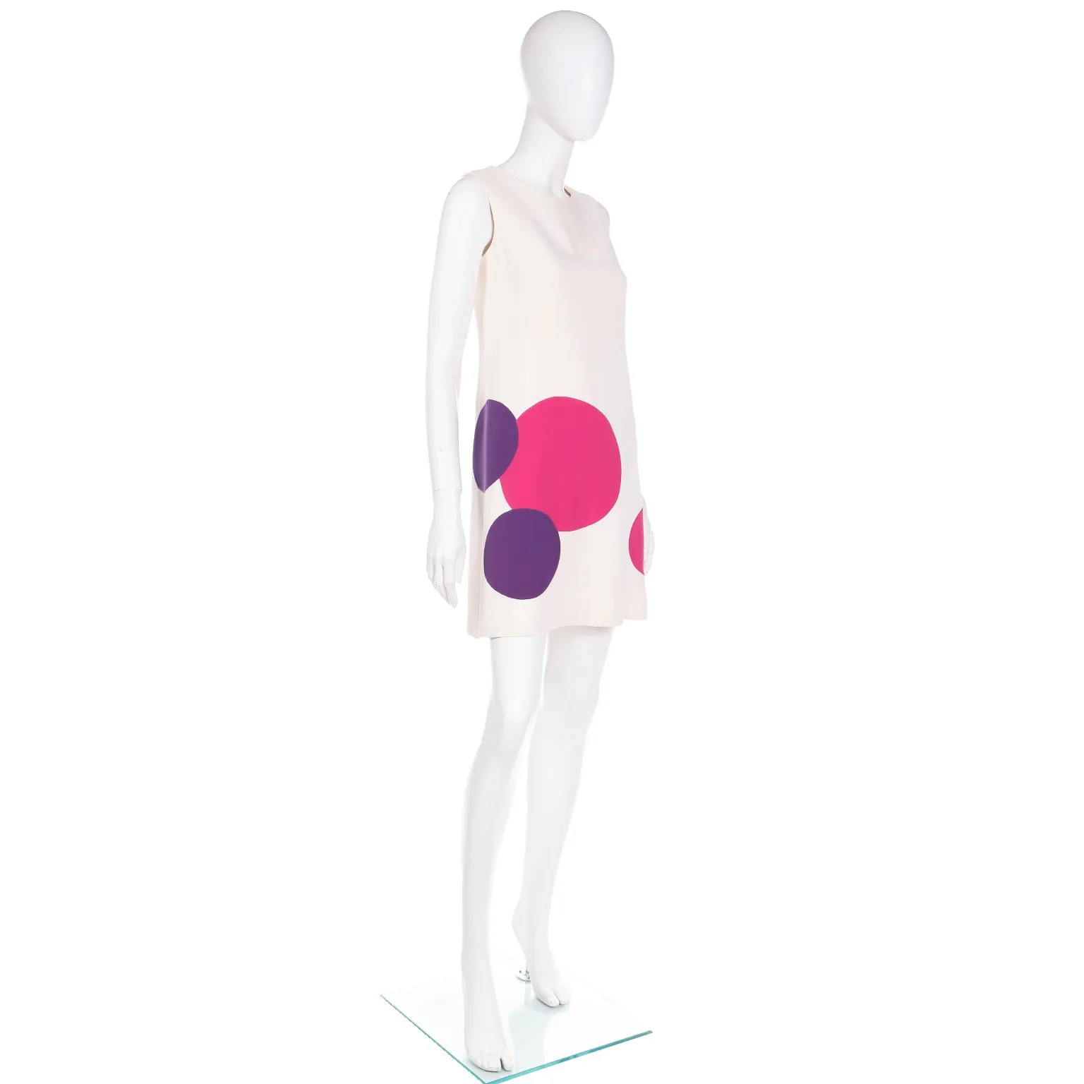 1970s Mila Schon Ivory Silk Shift Dress w Pink & Purple Circles