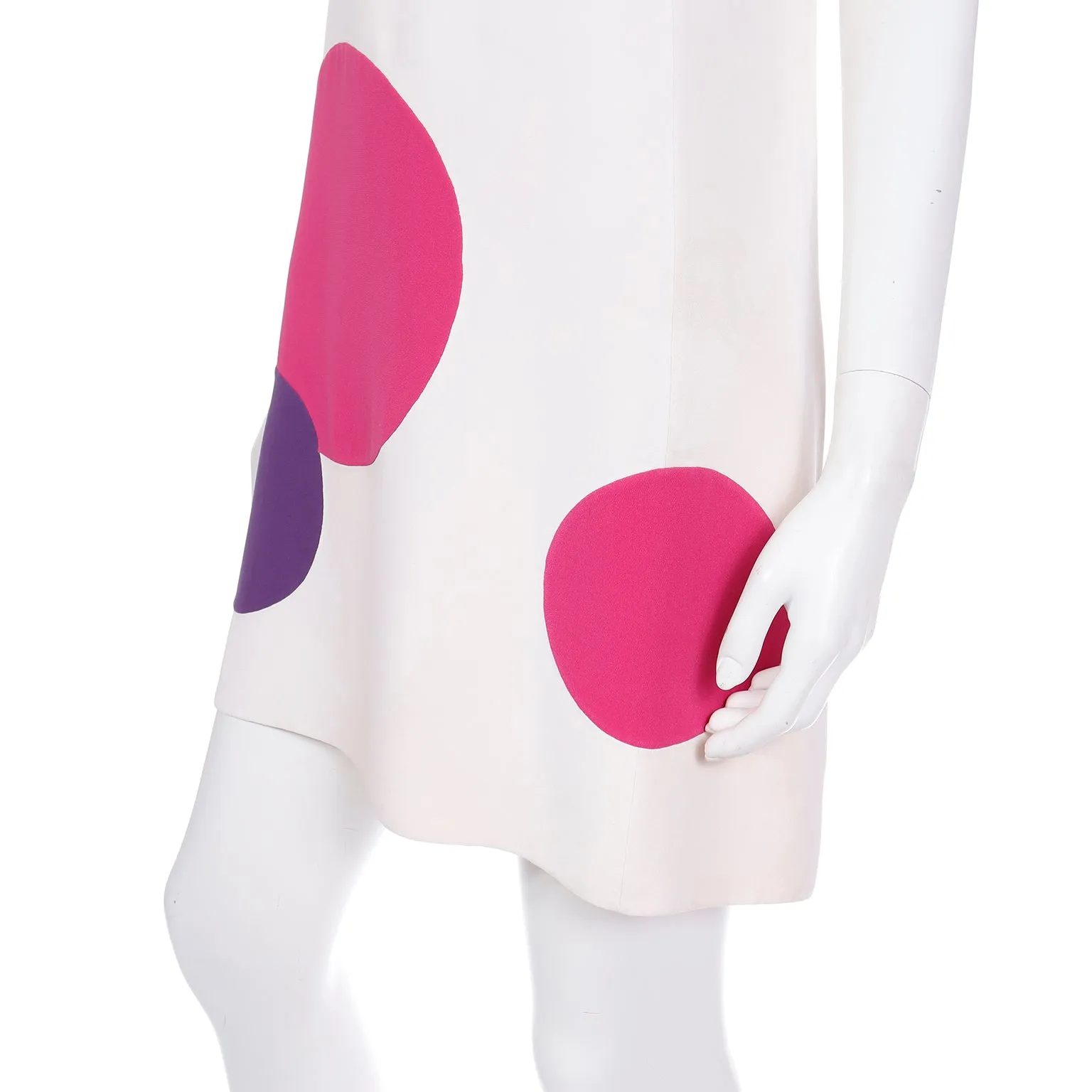 1970s Mila Schon Ivory Silk Shift Dress w Pink & Purple Circles