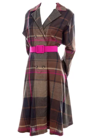 1980s Rare Brown & Pink Plaid Wool Vintage Dress