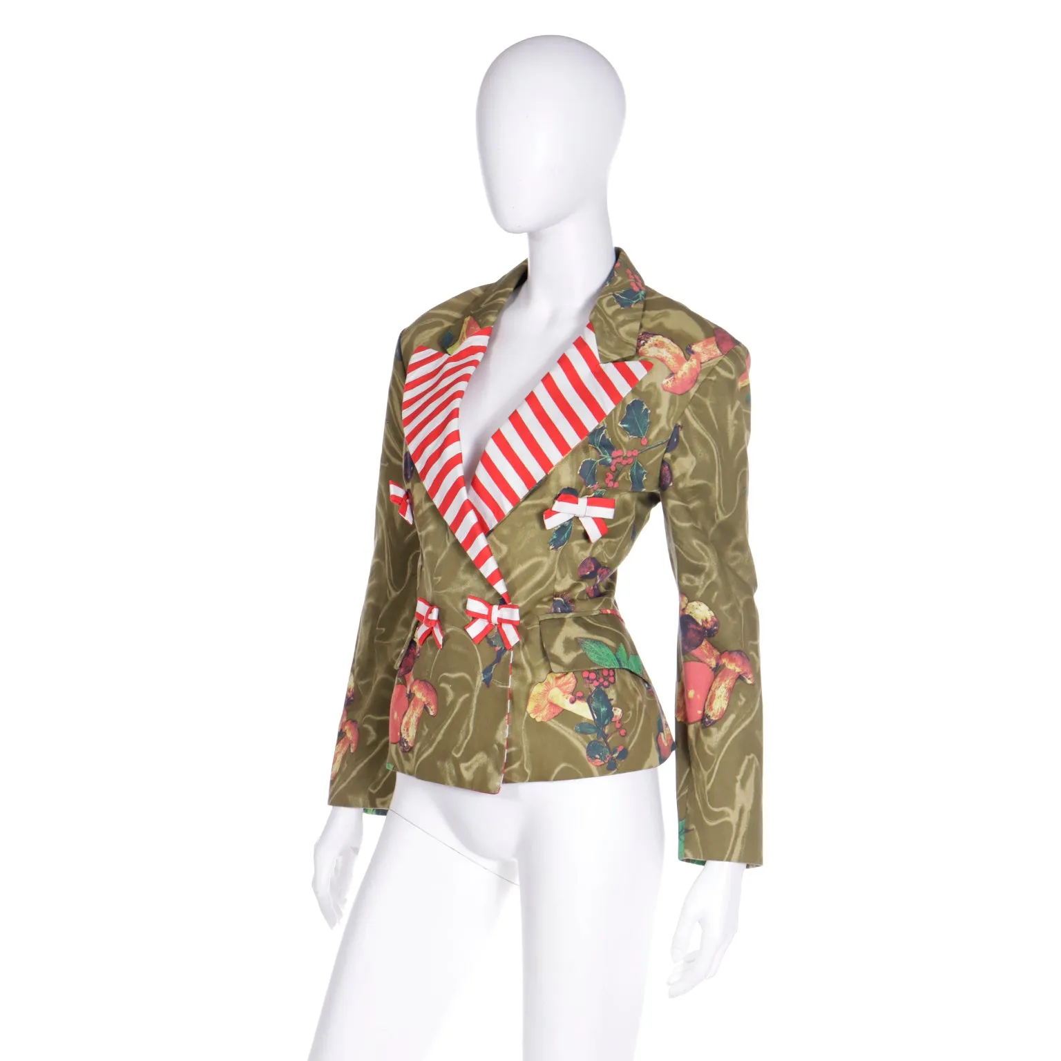 1989 Franco Moschino Colorful Mushroom Print Jacket w Red Striped Bows