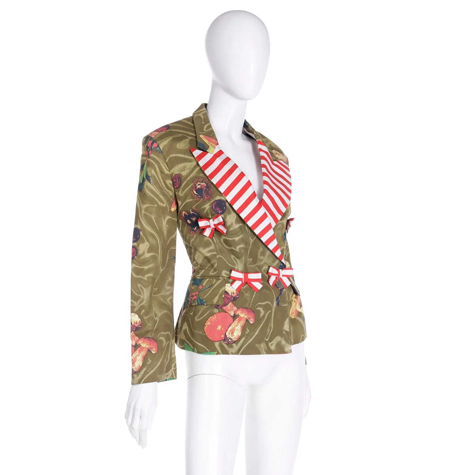 1989 Franco Moschino Colorful Mushroom Print Jacket w Red Striped Bows