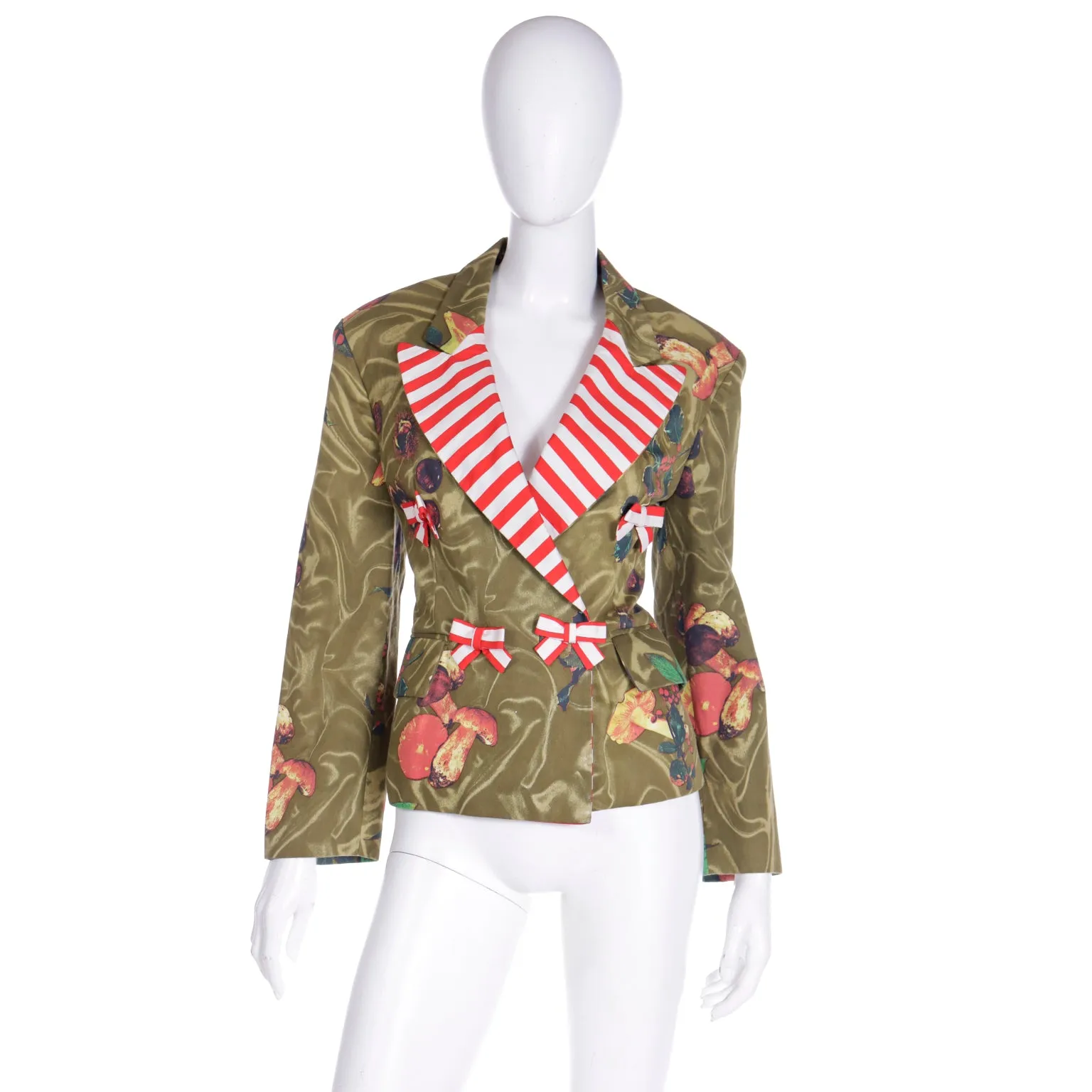 1989 Franco Moschino Colorful Mushroom Print Jacket w Red Striped Bows