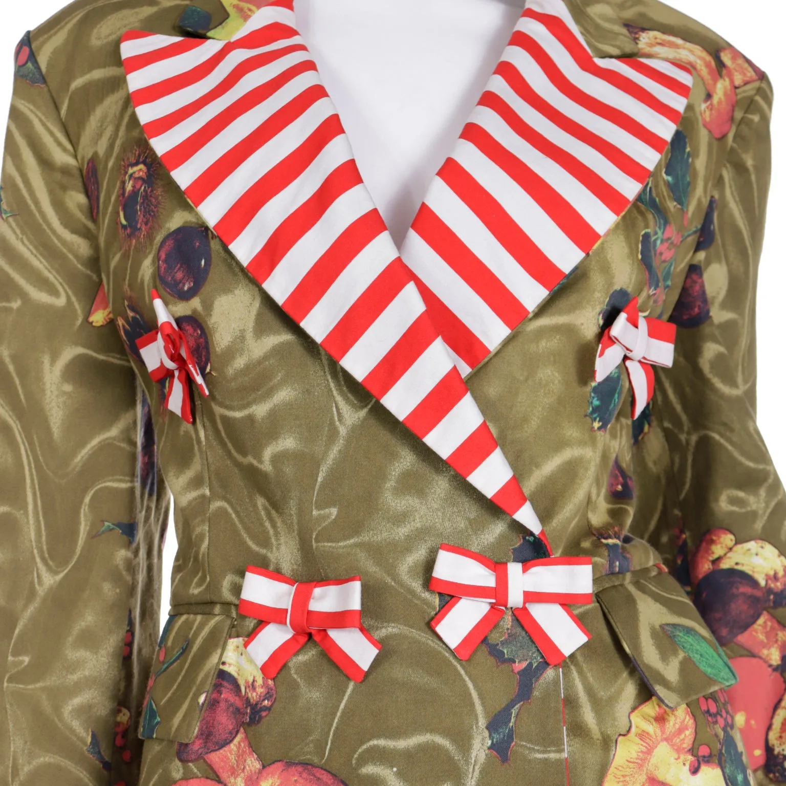 1989 Franco Moschino Colorful Mushroom Print Jacket w Red Striped Bows