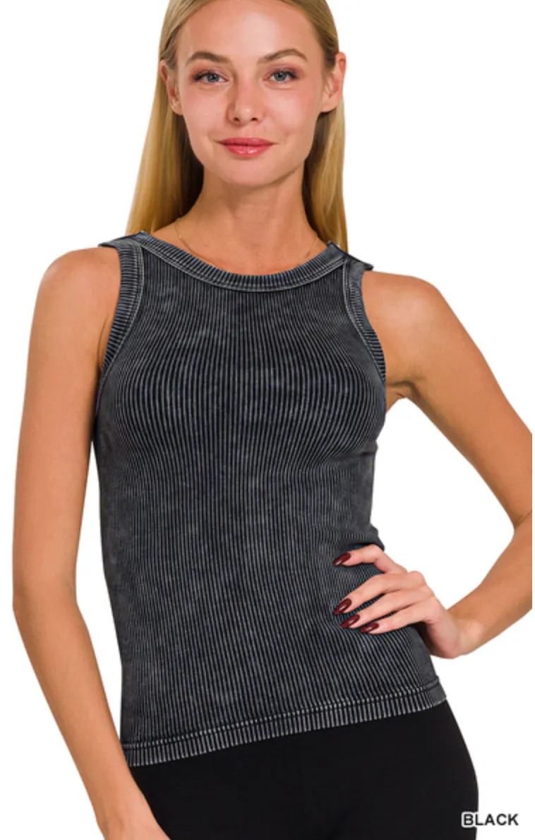 2 Way Neckline Washed Ribbed Cropped Tank Top