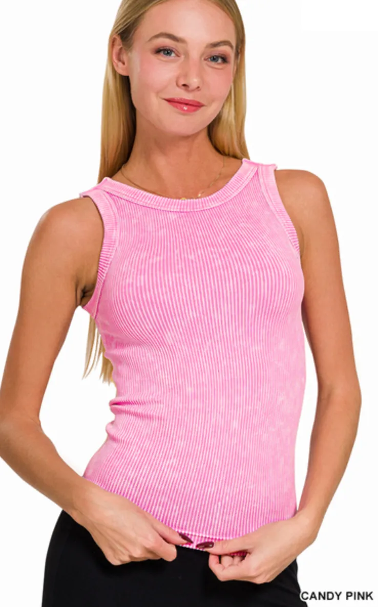 2 Way Neckline Washed Ribbed Cropped Tank Top