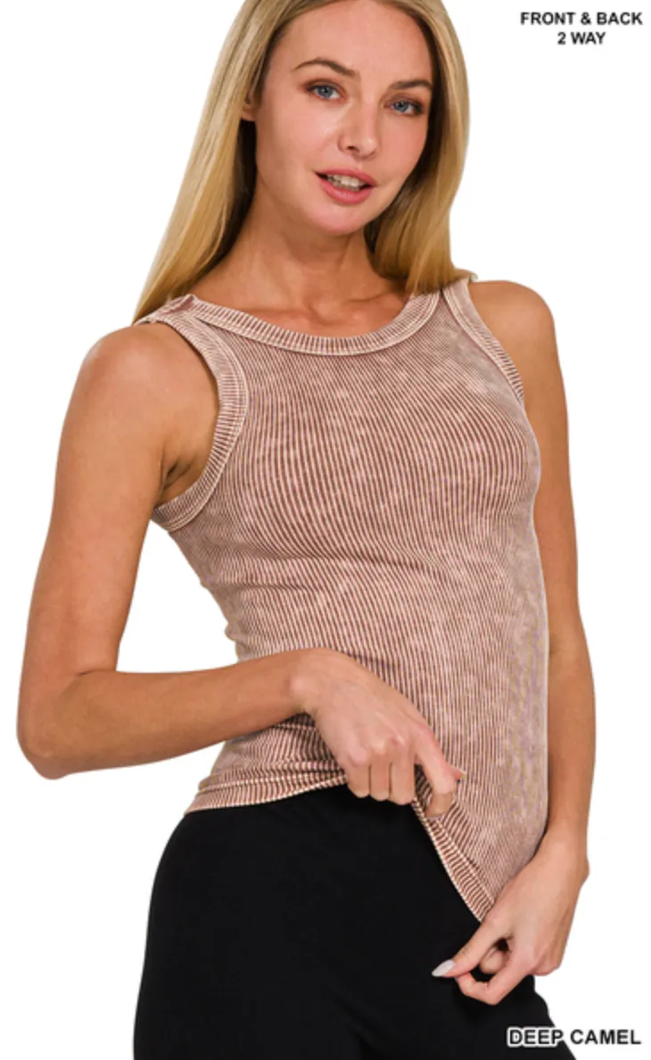 2 Way Neckline Washed Ribbed Cropped Tank Top