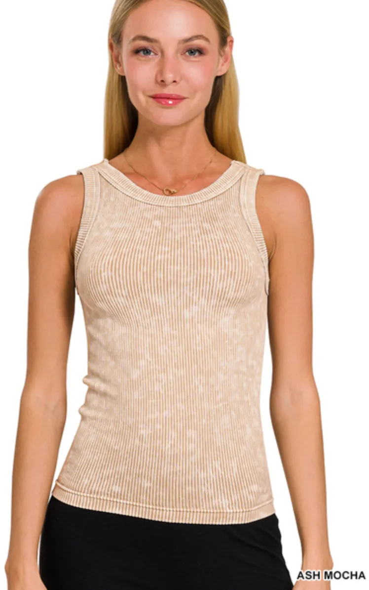 2 Way Neckline Washed Ribbed Cropped Tank Top