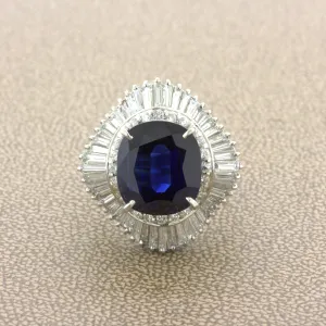 7.73 Carat No-Heat Blue Sapphire Diamond Platinum Ballerina Ring, GIA Certified