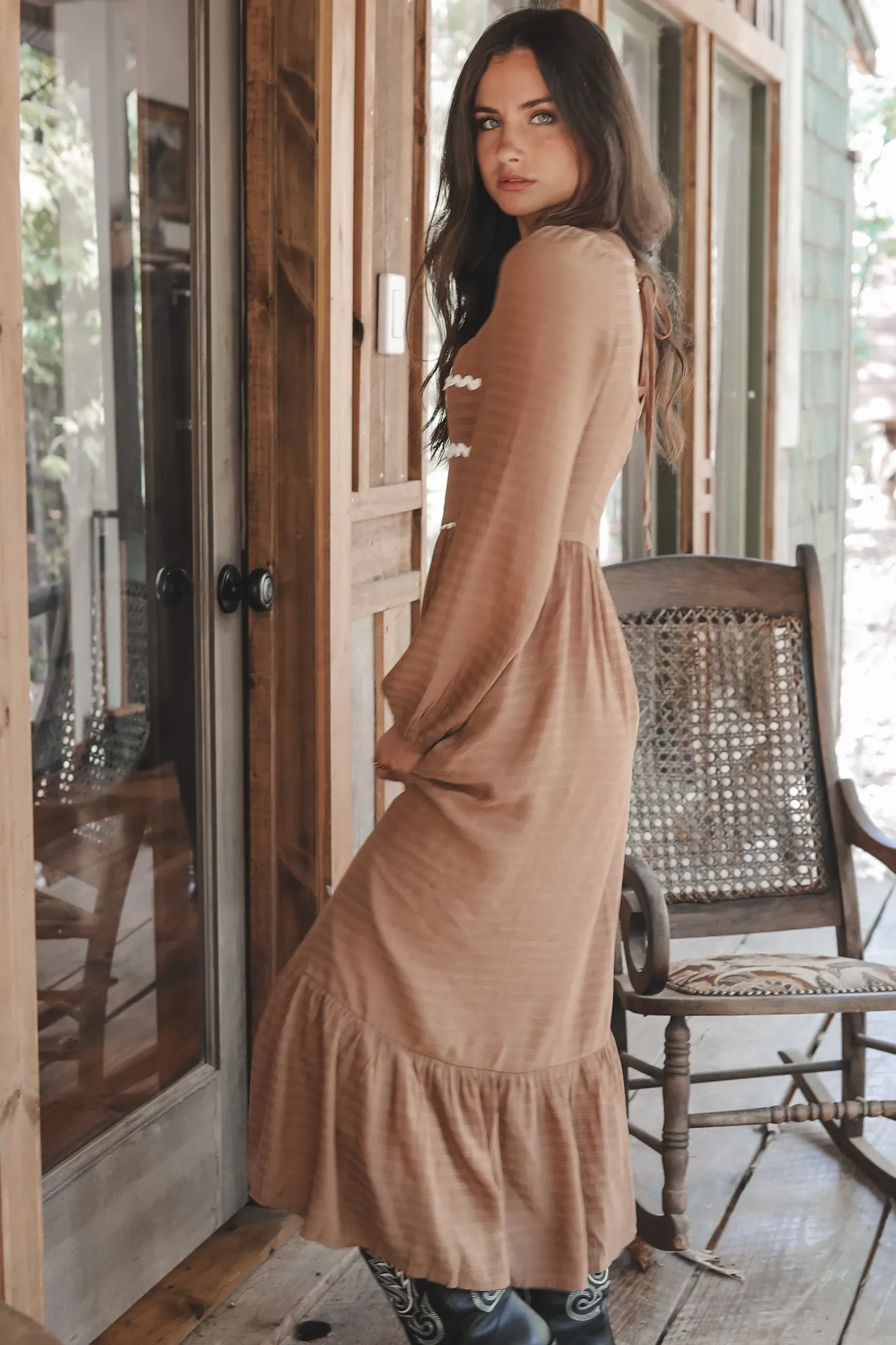 A Little Park Picnic Long Sleeve Mocha Dress