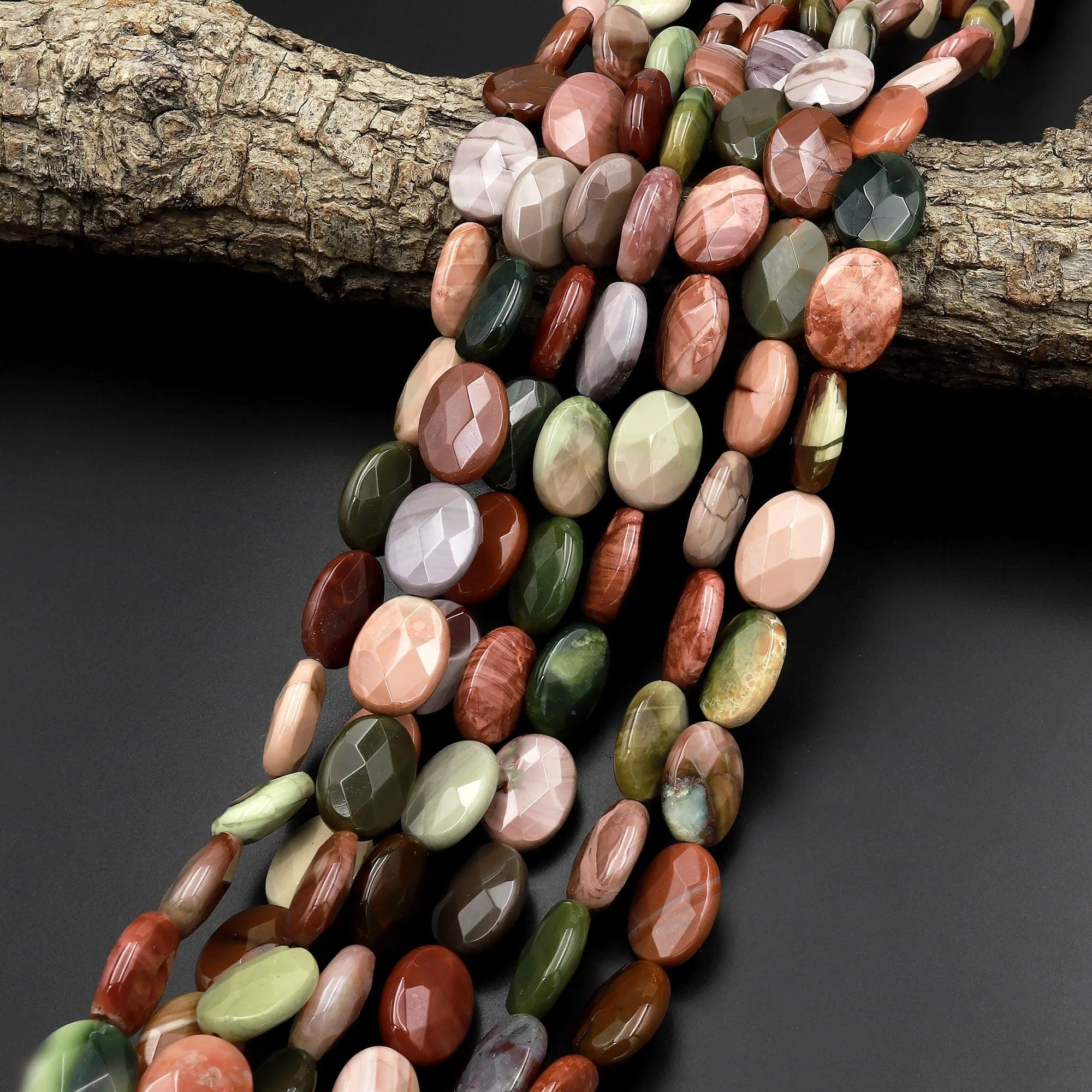 AAA Faceted Natural Mexican Imperial Jasper Flat Oval Beads 15.5" Strand