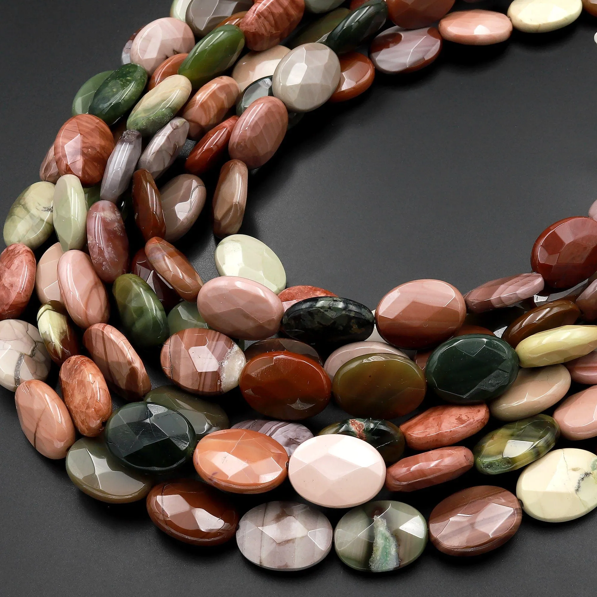 AAA Faceted Natural Mexican Imperial Jasper Flat Oval Beads 15.5" Strand