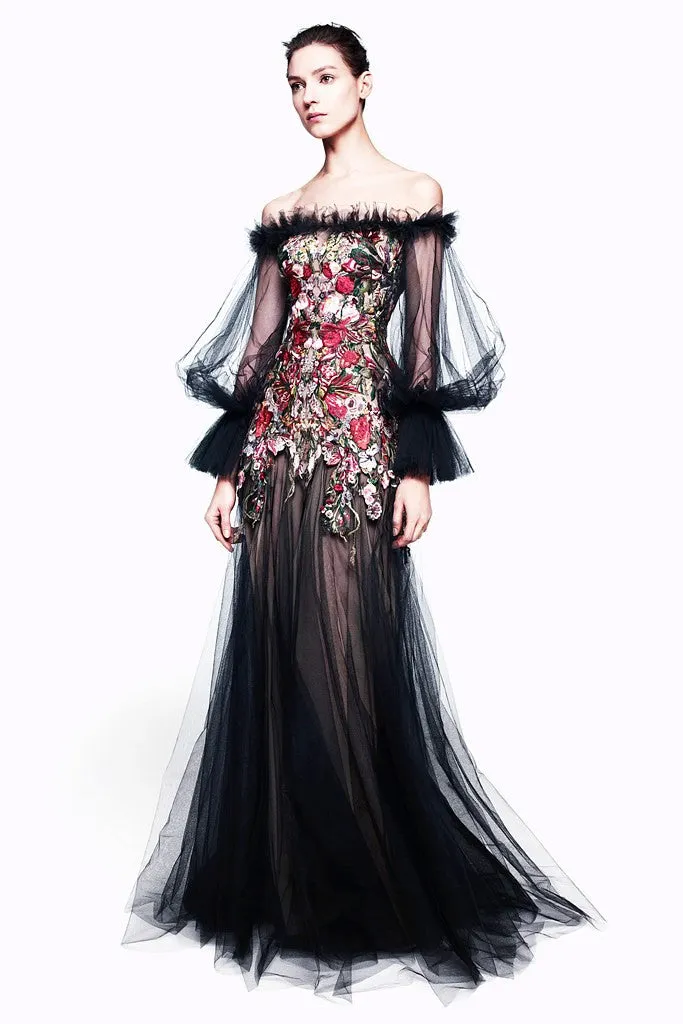 Alexander McQueen - Black Tulle Sleeves Off Shoulder Red Embellished with Nude Underlay - IT 40