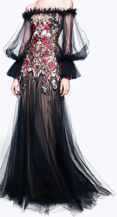 Alexander McQueen - Black Tulle Sleeves Off Shoulder Red Embellished with Nude Underlay - IT 40