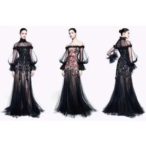 Alexander McQueen - Black Tulle Sleeves Off Shoulder Red Embellished with Nude Underlay - IT 40