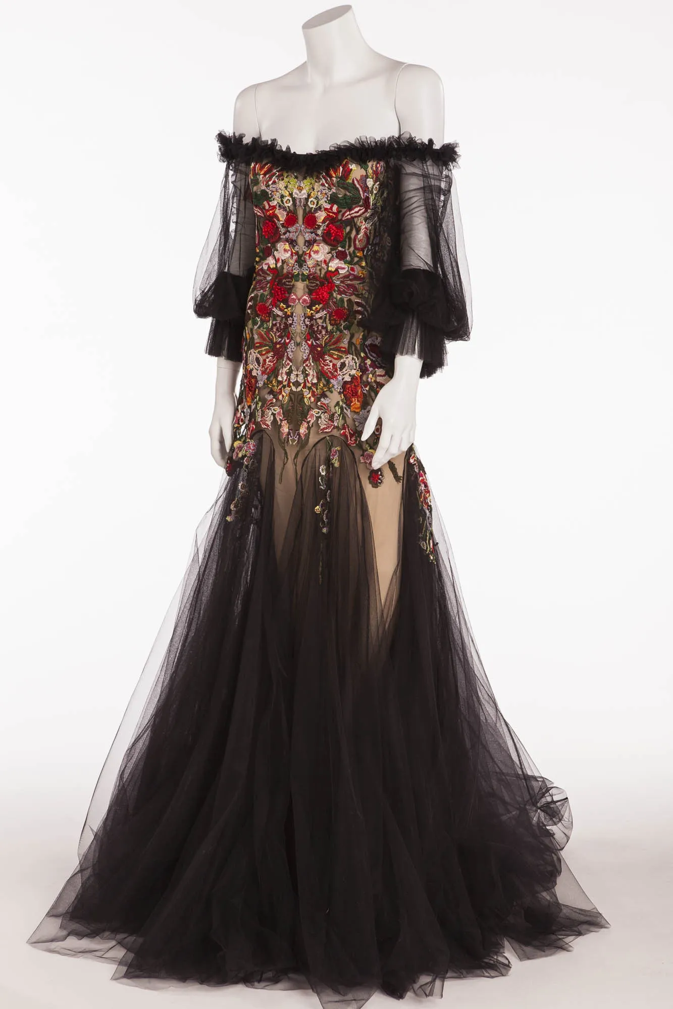 Alexander McQueen - Black Tulle Sleeves Off Shoulder Red Embellished with Nude Underlay - IT 40