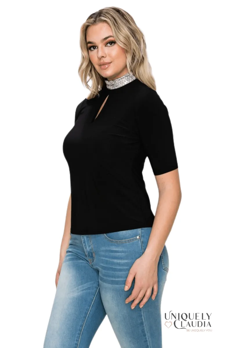 Alondra Embellished High Neck Collar Top