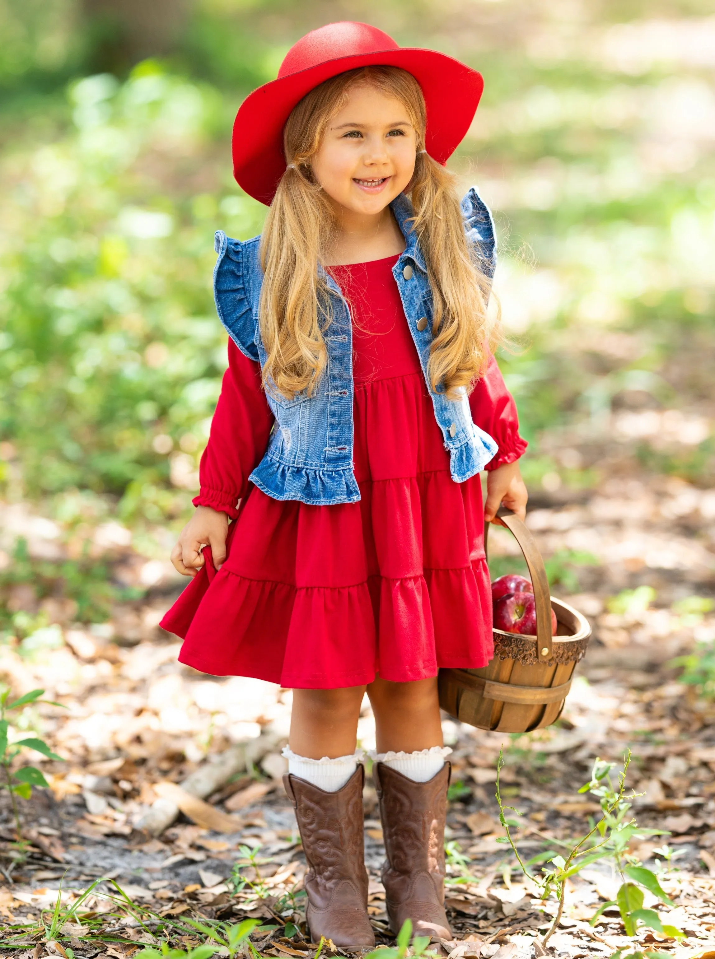 Always In Style Denim Vest and Red Dress Set