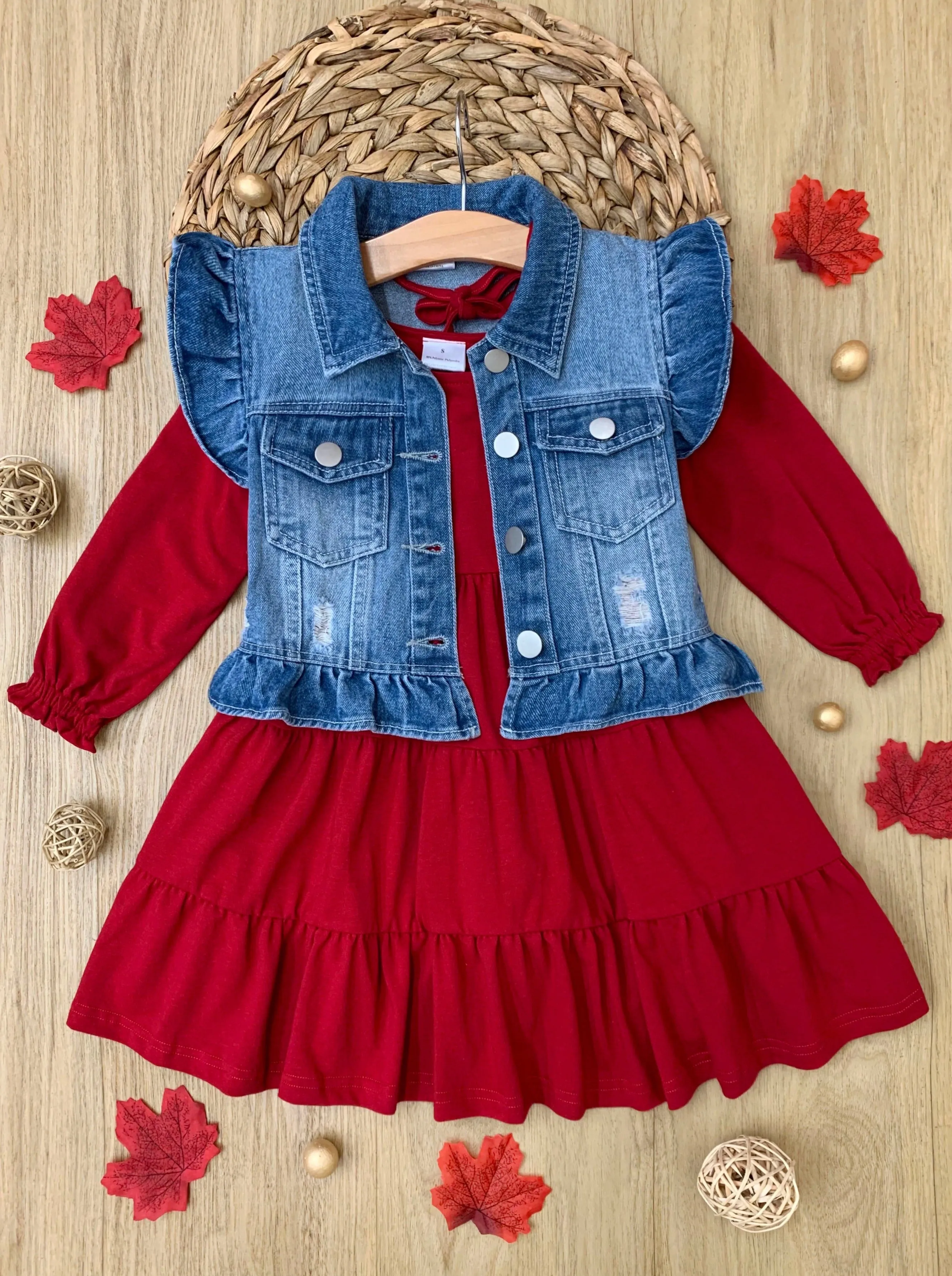 Always In Style Denim Vest and Red Dress Set