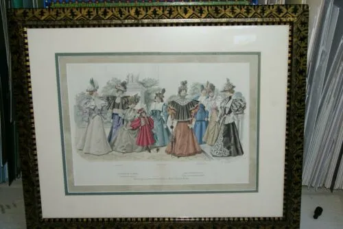 ANTIQUE ORIGINAL VICTORIAN COLORED FASHION PRINT FROM JOURNAL DES DEMOISELLES 1870 FRENCH LITHO PARIS PROFESSIONALLY X3 MATTED AND FRAMED COLLECTIBLE FASHIONS ORIGINAL FRAME DFPO2P