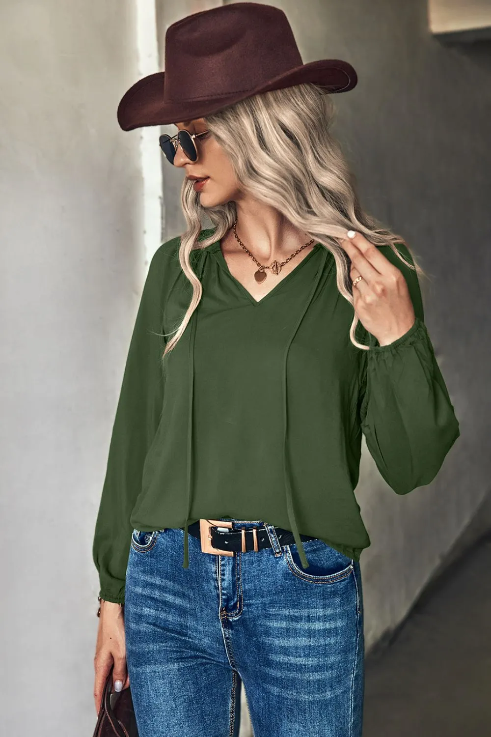 *App Exclusive* Gathered Detail Tie-Neck Blouse