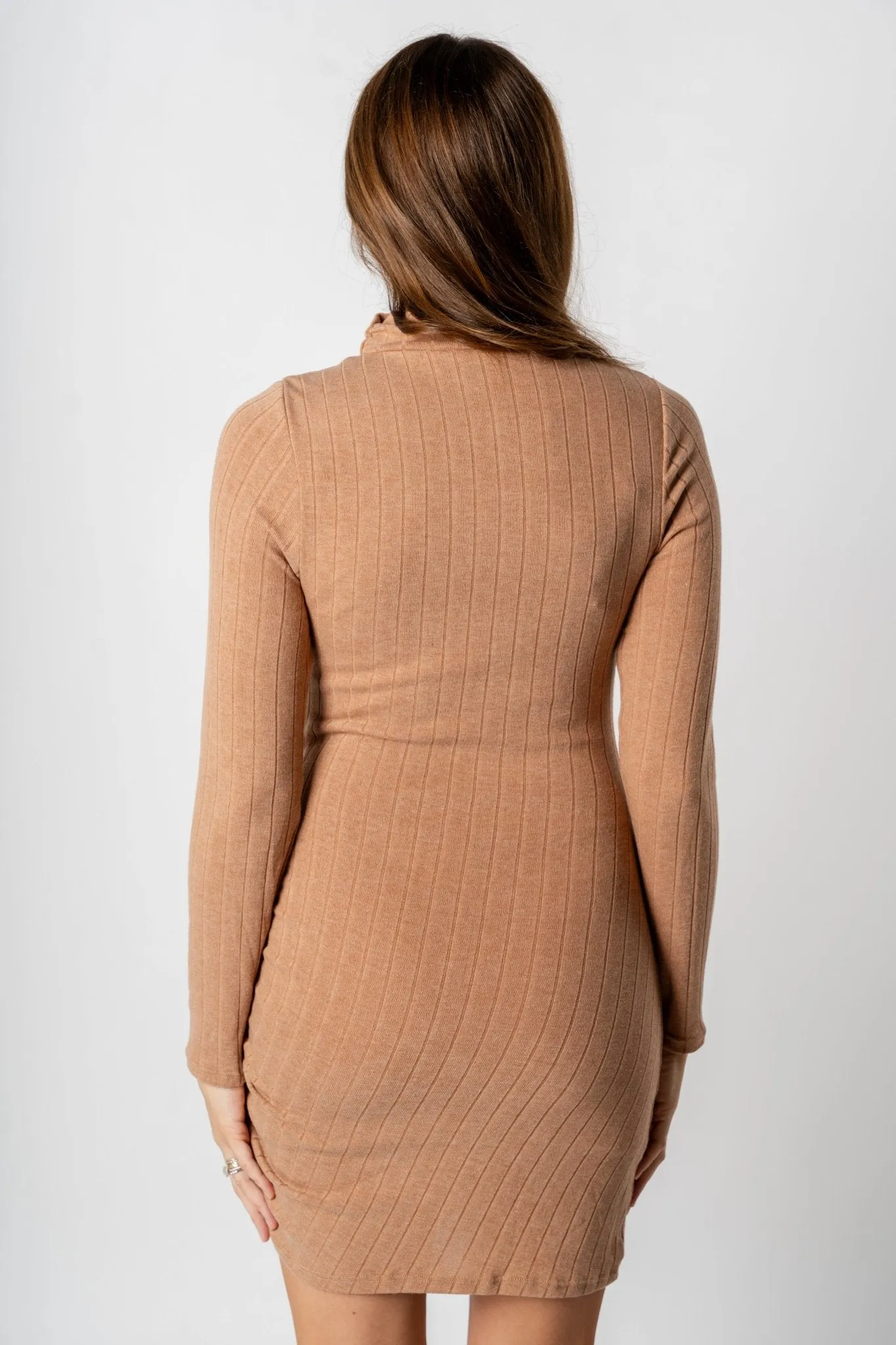 Asymmetrical long sleeve dress camel