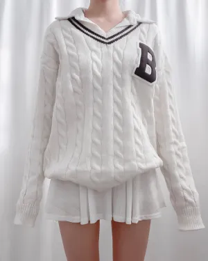 Avery Oversized V-Neck Patch Cable Knit Varsity Sweater