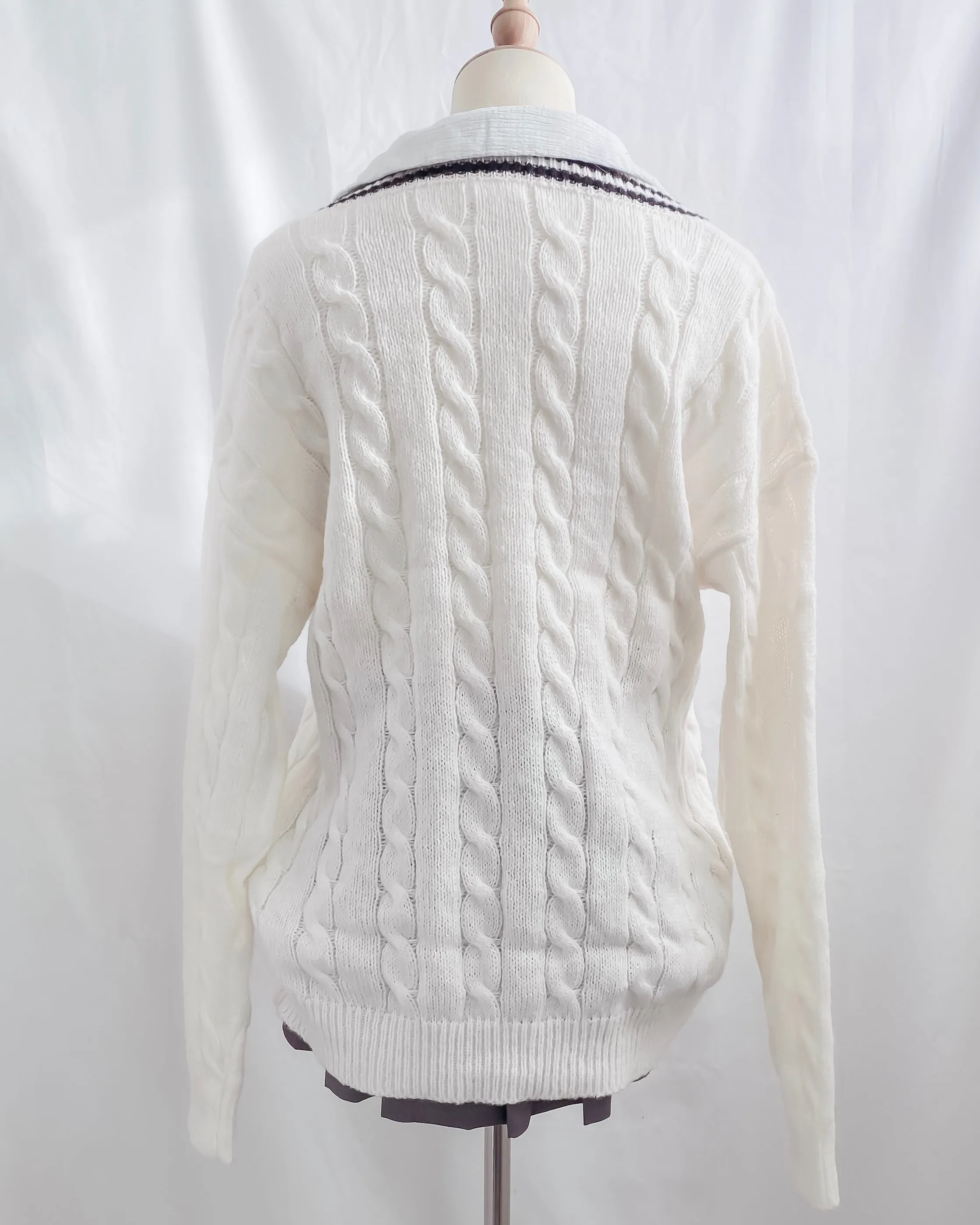 Avery Oversized V-Neck Patch Cable Knit Varsity Sweater