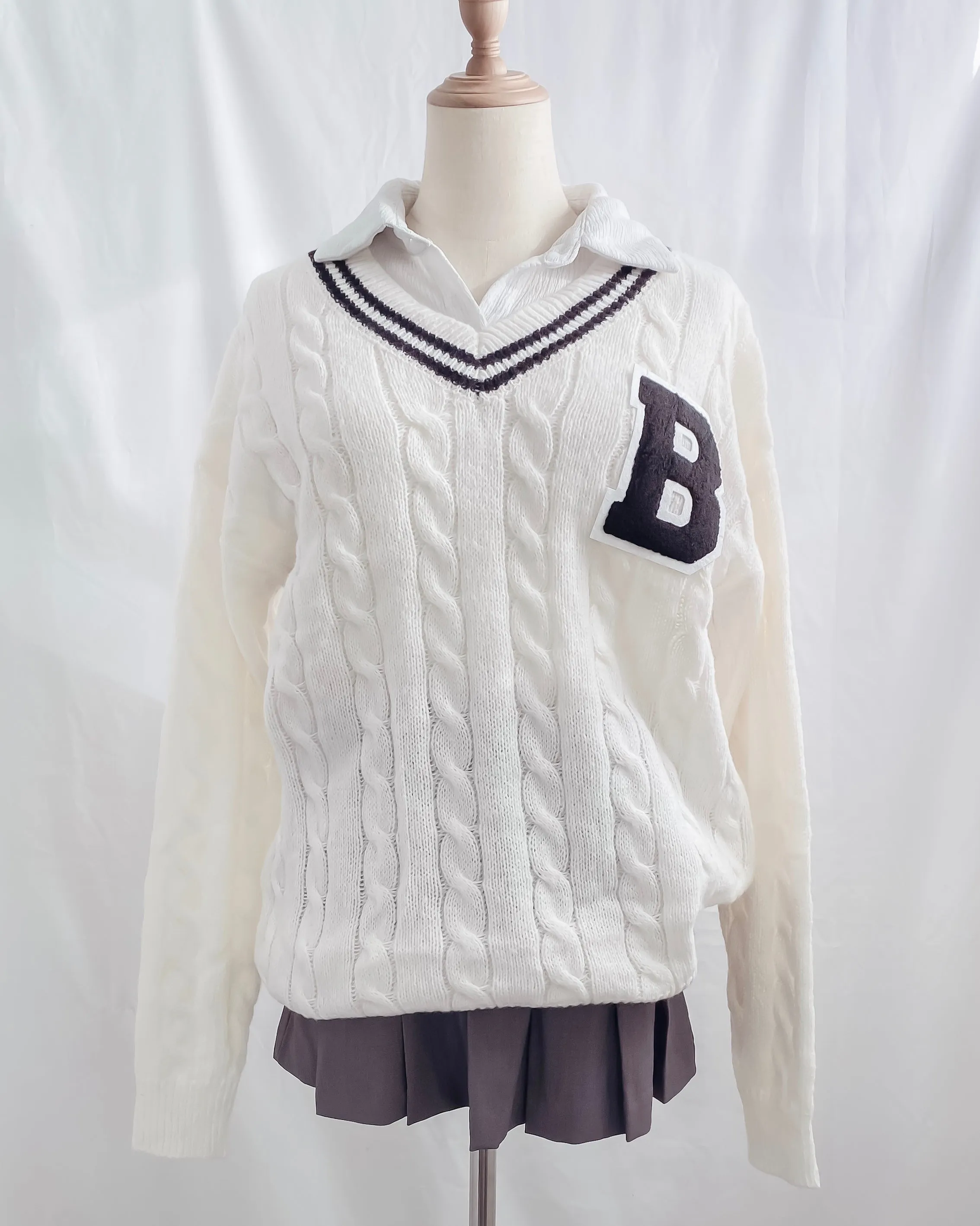 Avery Oversized V-Neck Patch Cable Knit Varsity Sweater