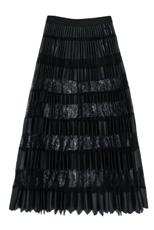 BCBG Max Azria - Black Lace & Vegan Leather Accordion Pleated Maxi Skirt Sz S