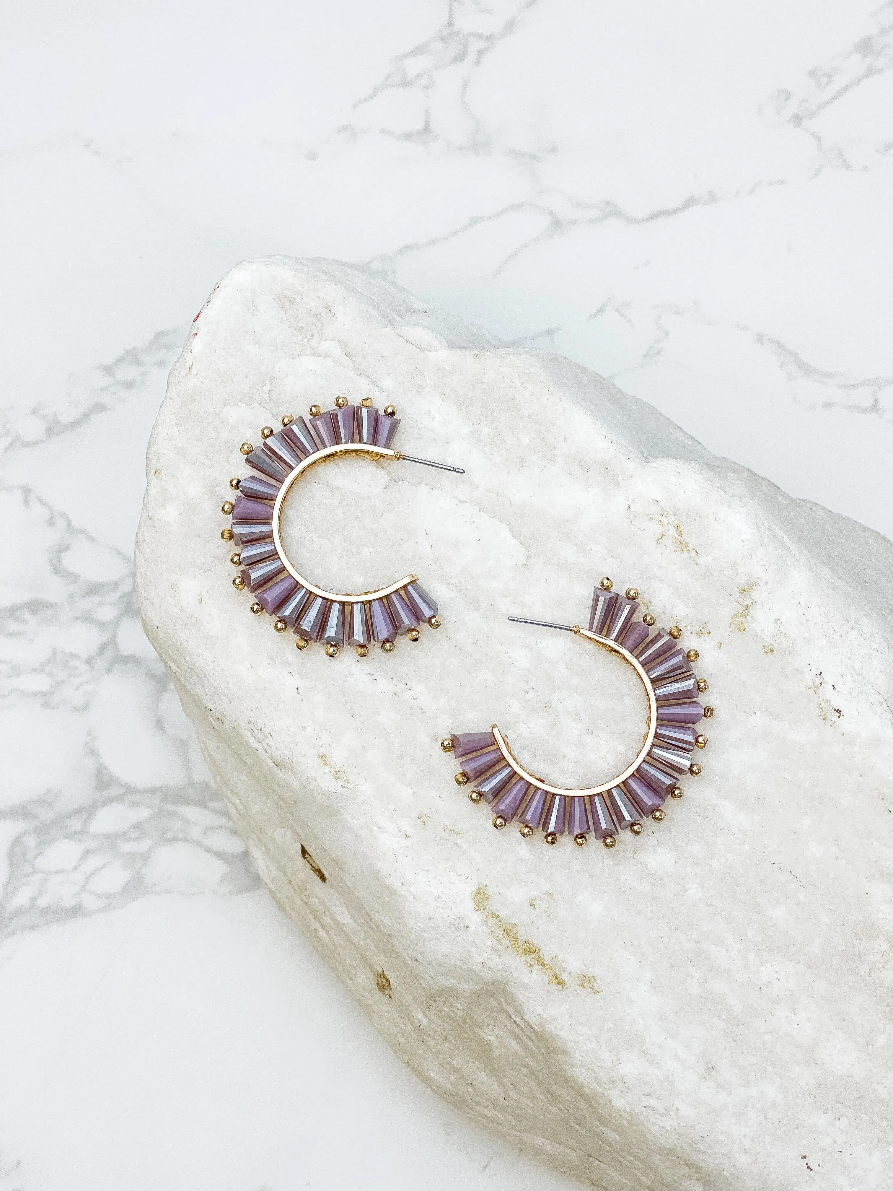 Beaded Burst Hoop Earrings - Purple