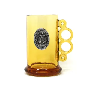 Beer Mug, Two Finger / Knuckle Handle Design, Amber Glass Wolf Shield Crest, Vintage