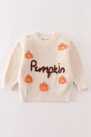 Beige hand-embroidery pumpkin pullover sweater