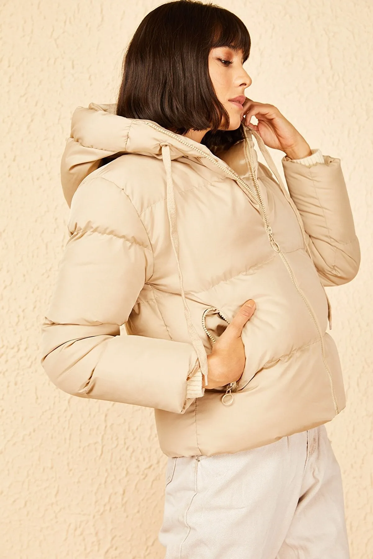 beige Hooded Coat