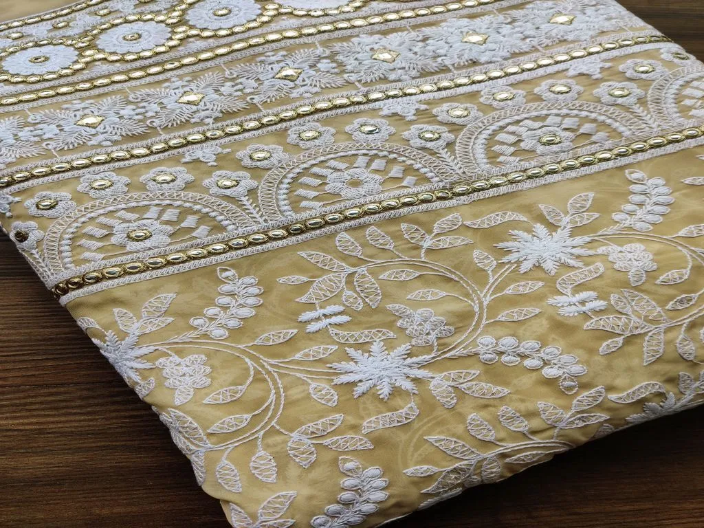 Beige White Flowers Mirror Work Chikankari Embroidered Georgette Fabric