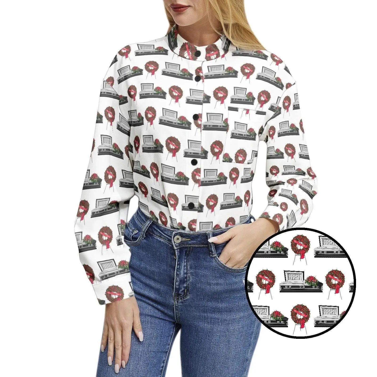 Black Casket & Rose Wreath Easel - Long Sleeve Blouse