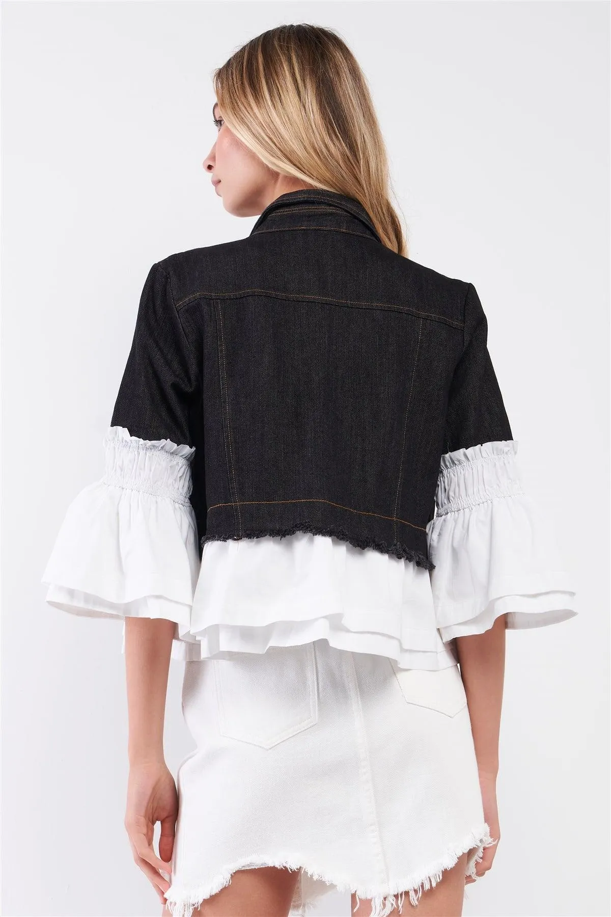 Black Denim & White Combo 3/4 Bell Sleeve Cropped Jacket /1-2-2