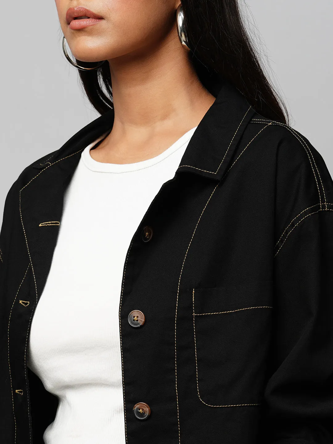 BLACK DENIM DROPPED SHOULDER BOXY CROPPED JACKET