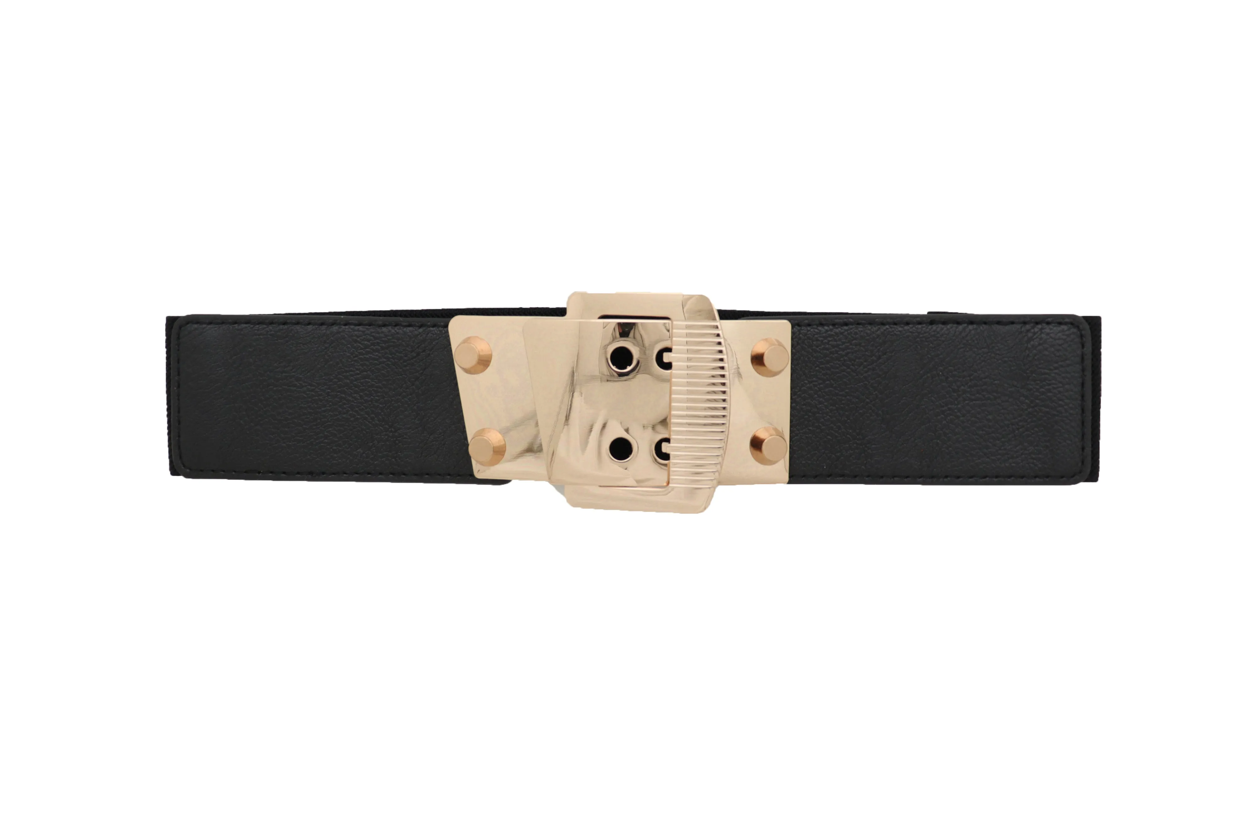 Black Elastic Band Belt High Waist Hip Gold Metal Square Buckle Size S M