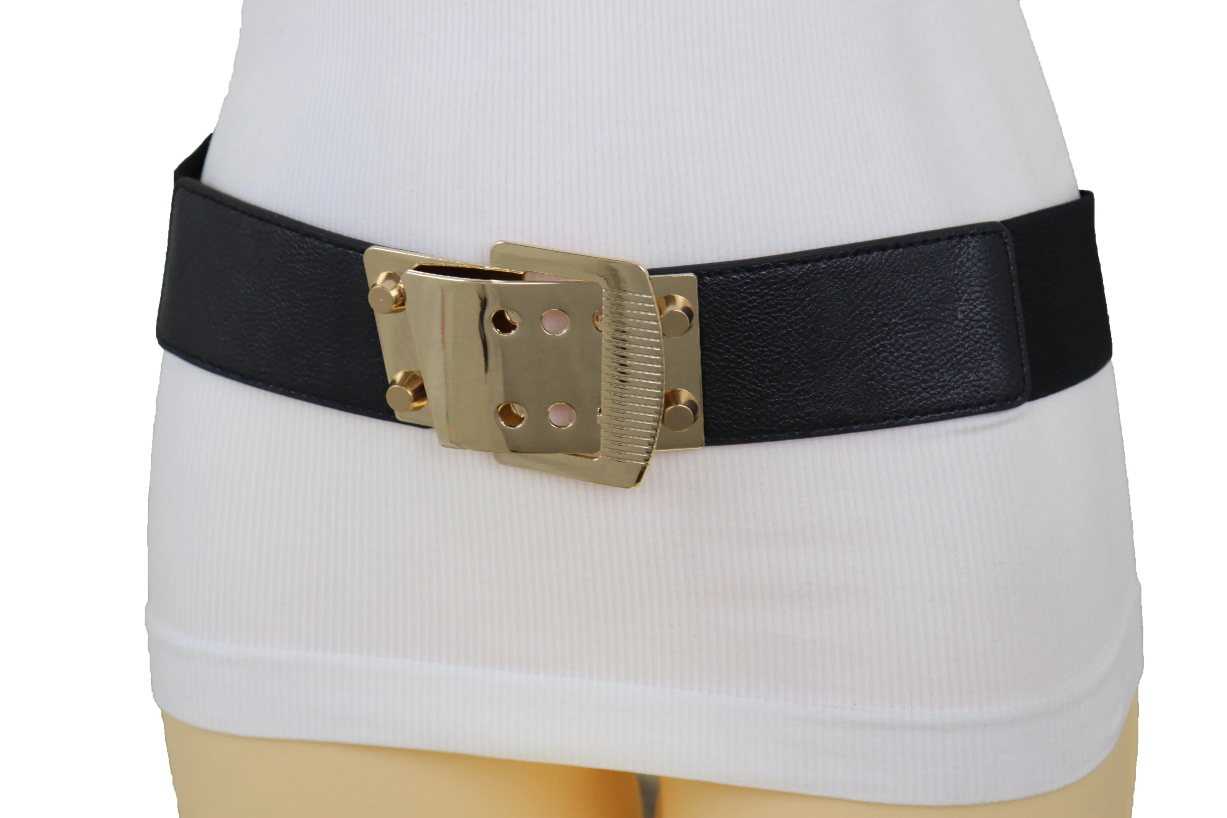 Black Elastic Band Belt High Waist Hip Gold Metal Square Buckle Size S M