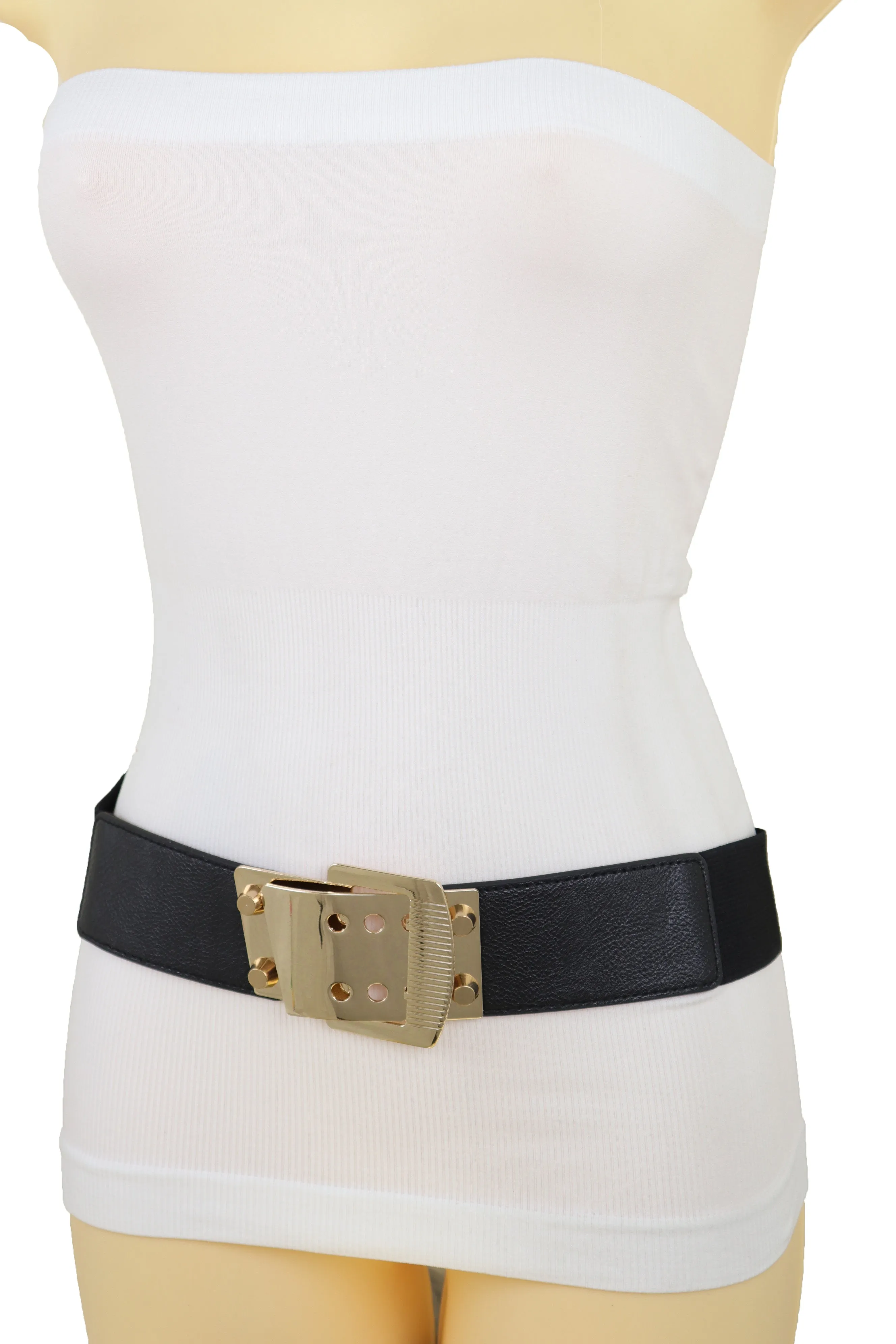 Black Elastic Band Belt High Waist Hip Gold Metal Square Buckle Size S M