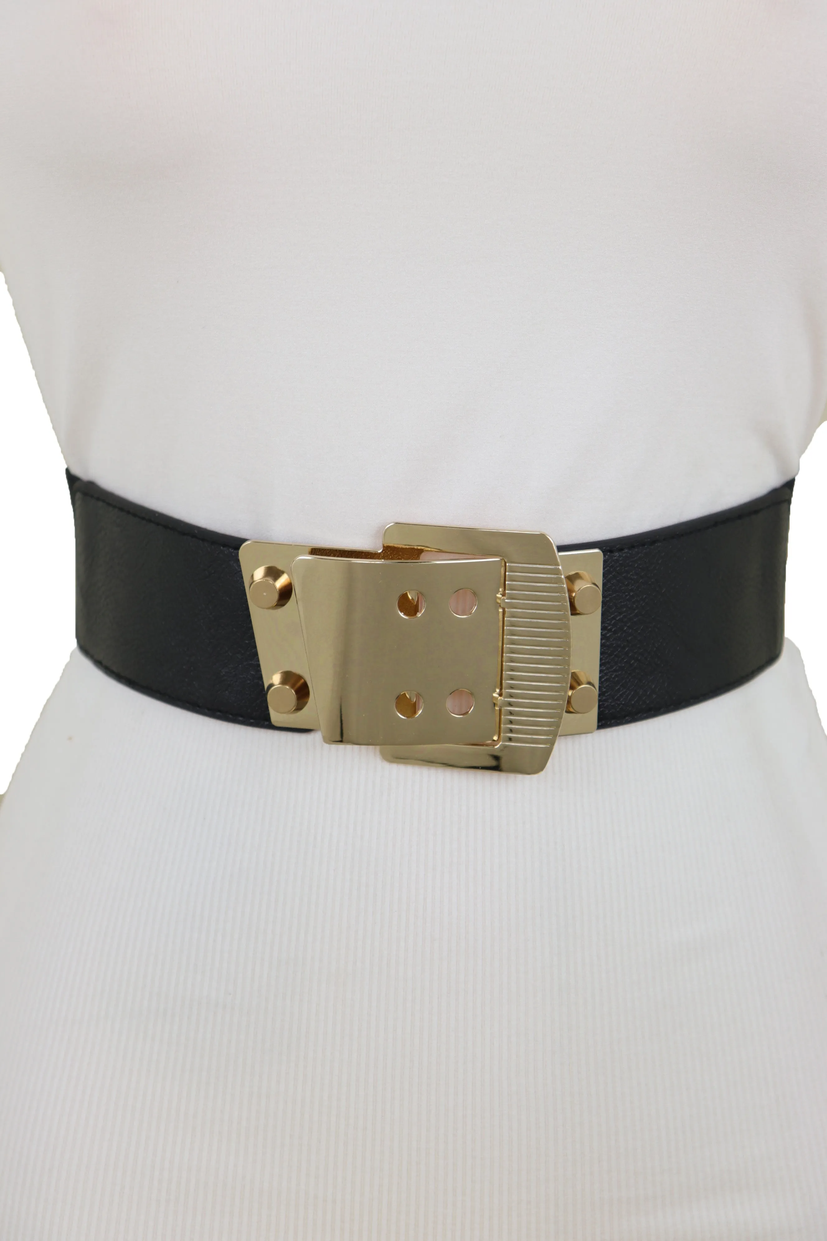 Black Elastic Band Belt High Waist Hip Gold Metal Square Buckle Size S M