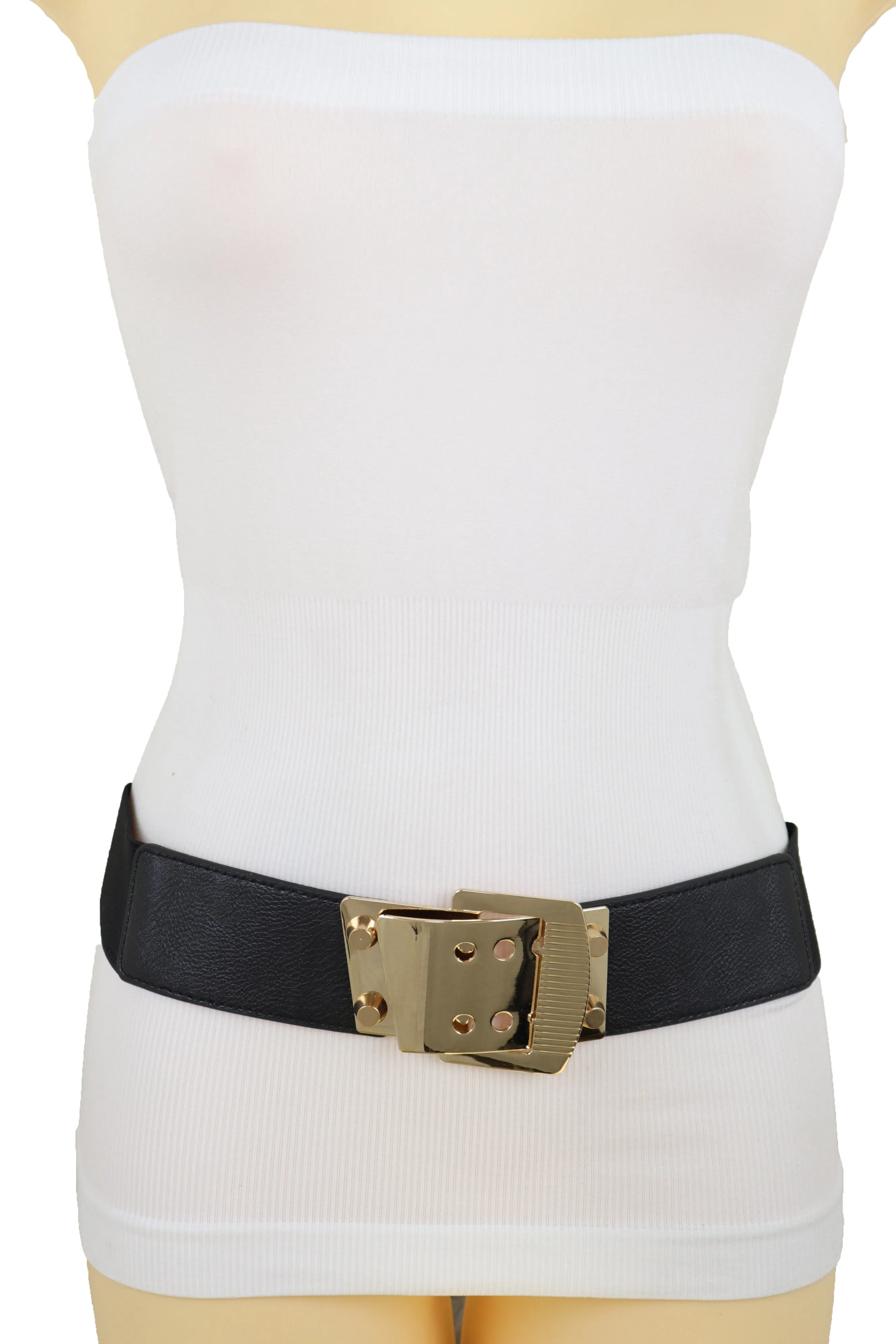 Black Elastic Band Belt High Waist Hip Gold Metal Square Buckle Size S M