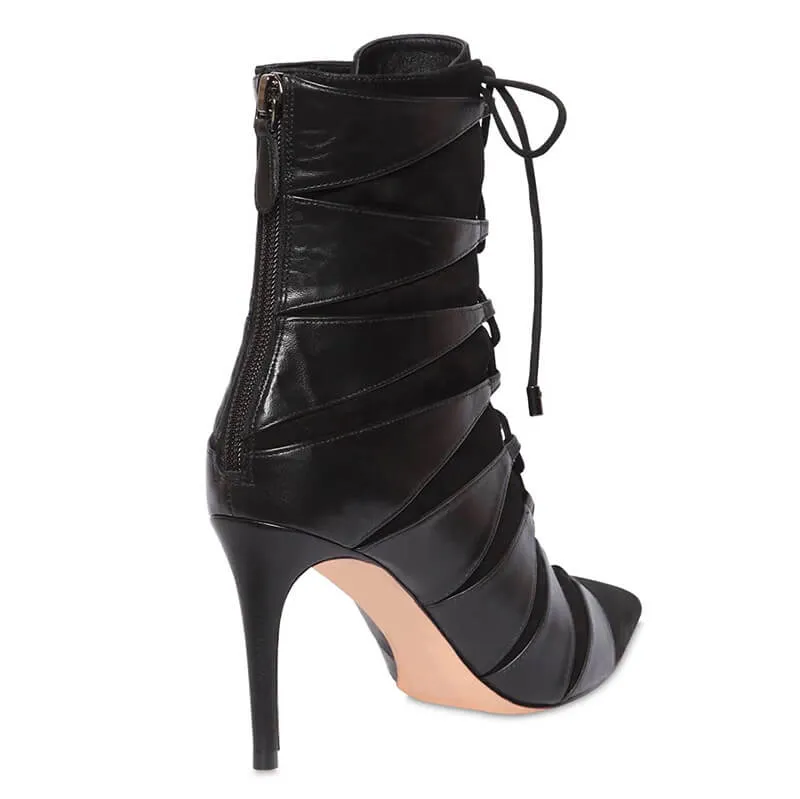 Black Point Toe PU Strap High Heel Ankle Boots