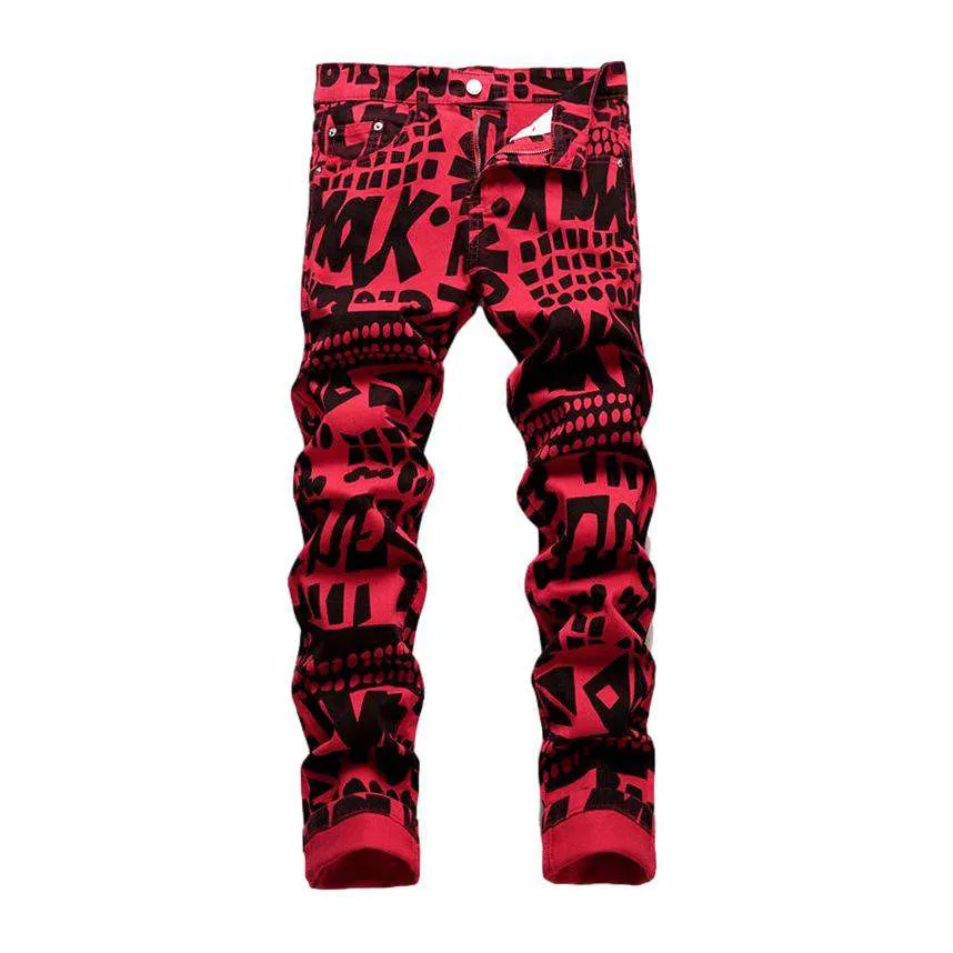 Black print men red jeans